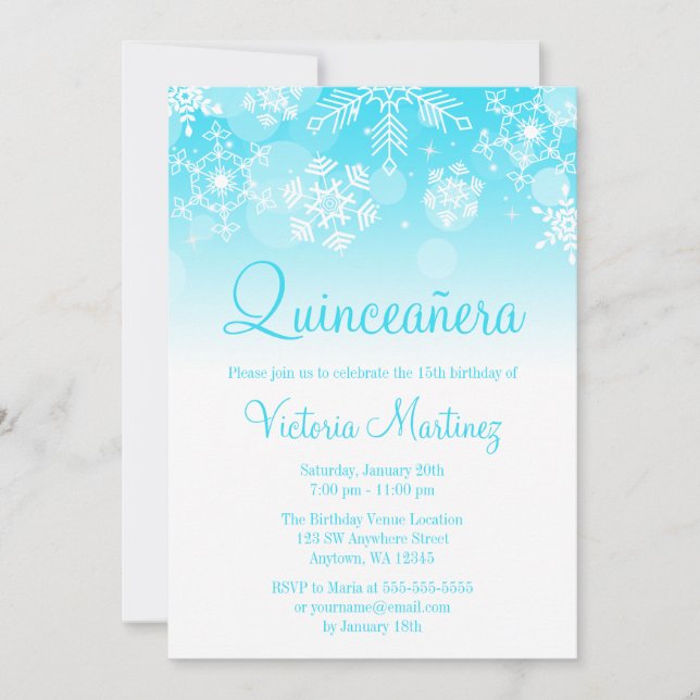 Snowflake Teal White Winter Wonderland Quinceanera Invitation (Front)