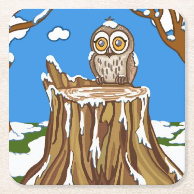 Snowflake the Owl Square Paper Coaster (Front)