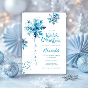 Snowflake Watercolor Blue Winter ONEderland Invitation