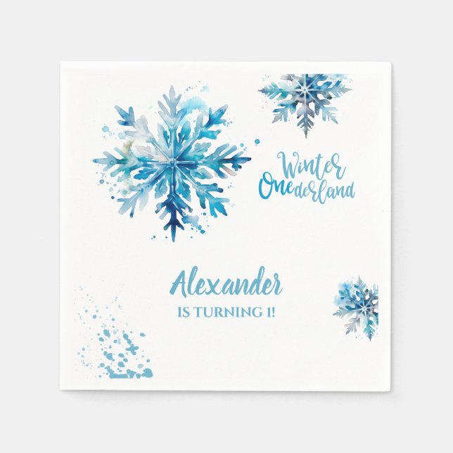 Snowflake Watercolor Blue Winter ONEderland Napkin (Front)