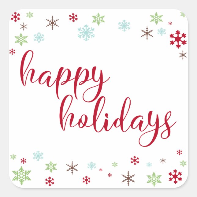 Snowflake Whimsy Happy Holidays Red Typography Square Sticker (Front)