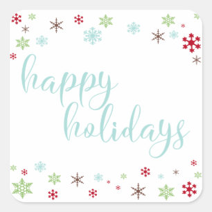 Snowflake Whimsy Happy Holidays, Robin's Egg Blue Square Sticker