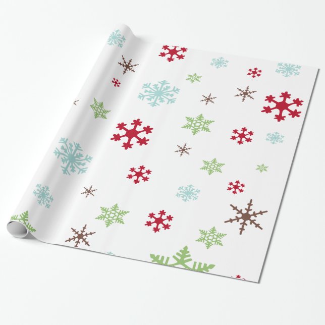 Snowflake Whimsy in Red, Green, Blue & Brown Wrapping Paper (Unrolled)
