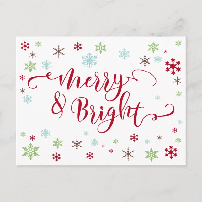 Snowflake Whimsy Merry & Bright Red Typography Holiday Postcard (Front)