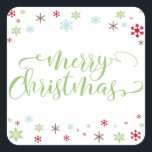 Snowflake Whimsy Merry Christmas, Apple Green Type Square Sticker<br><div class="desc">Send your Christmas greetings with style! Using a fresh, modern palette with a retro vibe, this whimsical design was created for those who enjoy trends but appreciate a unique flavour. The words "Merry Christmas" are rendered in a swirling calligraphy font, in apple green. Around the words are snowflakes in robin's...</div>