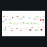 Snowflake Whimsy Merry Christmas Green Typography Rectangular Sticker<br><div class="desc">Send your Christmas greetings with style! Using a fresh, modern palette with a retro vibe, this whimsical design was created for those who enjoy trends but appreciate a unique flavour. The words "Merry Christmas" are rendered in a swirling calligraphy font, in apple green. Around the words are snowflakes in bright...</div>