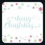 Snowflake Whimsy Merry Christmas, Robin's Egg Blue Square Sticker<br><div class="desc">Send your Christmas greetings with style! Using a fresh, modern palette with a retro vibe, this whimsical design was created for those who enjoy trends but appreciate a unique flavour. The words "Merry Christmas" are rendered in a swirling calligraphy font, in robin's egg blue. Around the words are snowflakes in...</div>