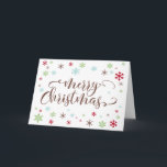 Snowflake Whimsy, Warm Brown Merry Christmas Type Holiday Card<br><div class="desc">Using a fresh, modern palette with a vintage vibe, this whimsical design was created for those who enjoy trends but appreciate a unique flavour. The words "Merry Christmas" are rendered in a swirling calligraphy font, in warm brown. Around the words are snowflakes in matching matching brown, apple green, bright red,...</div>