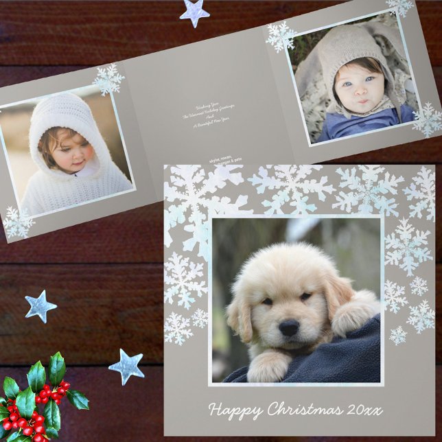 Snowflake White Opal Happy Christmas 4 Photo Tri-Fold Holiday Card (Creator Uploaded)