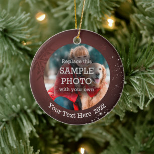 Snowflake White Stars 2 Photo Burgundy Custom Text Ceramic Ornament