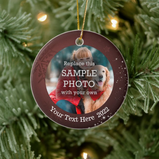 Snowflake White Stars 2 Photo Burgundy Custom Text Ceramic Ornament (Tree)
