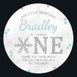 Snowflake Winter 1st Birthday Classic Round Sticker<br><div class="desc">Celebrate in style with these trendy 1st birthday party thank you stickers. The design is easy to personalise with your own wording and your family and friends will be thrilled when they see these fabulous stickers.</div>