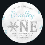 Snowflake Winter 1st Birthday Classic Round Sticker<br><div class="desc">Celebrate in style with these trendy 1st birthday party thank you stickers. The design is easy to personalise with your own wording and your family and friends will be thrilled when they see these fabulous stickers.</div>