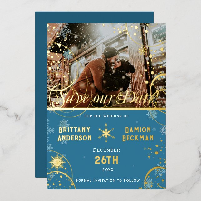 Snowflake Winter Blue Wedding Photo Save the Date (Front/Back)