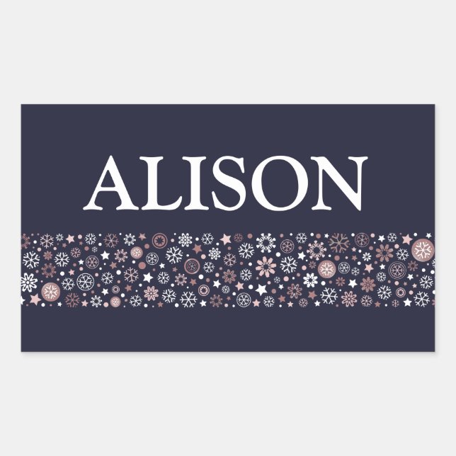 Snowflake winter blue white and pink name text rectangular sticker (Front)