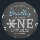 Snowflake Winter Chalkboard 1st Birthday Classic Round Sticker<br><div class="desc">Celebrate in style with these trendy 1st birthday party thank you stickers. The design is easy to personalise with your own wording and your family and friends will be thrilled when they see these fabulous stickers.</div>