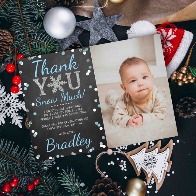 Snowflake Winter Chalkboard 1st Birthday Photo Thank You Card (Creator Uploaded)