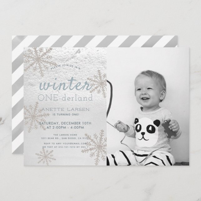 Snowflake Winter Onederland 1st Photo Birthday Invitation (Front/Back)