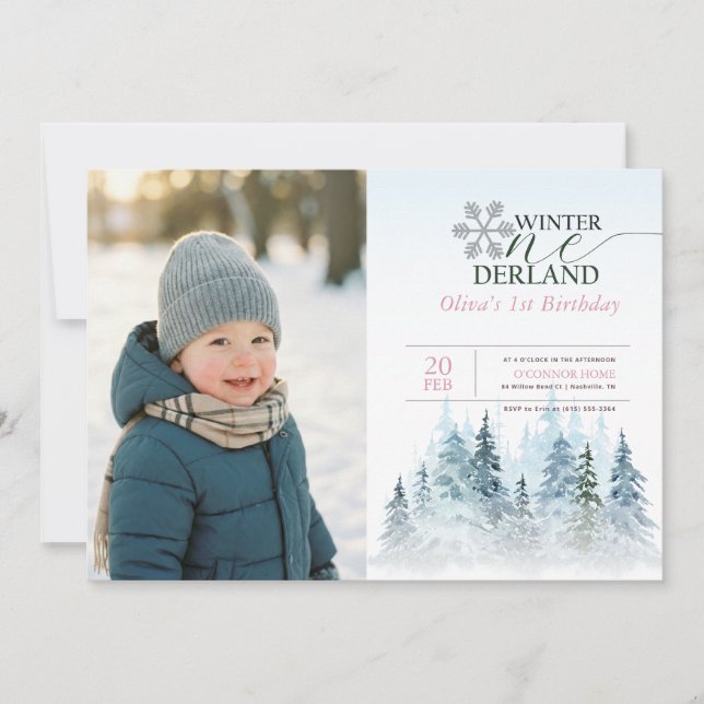 Snowflake Winter Onederland Kid Photo 1st Birthday Invitation (Front)