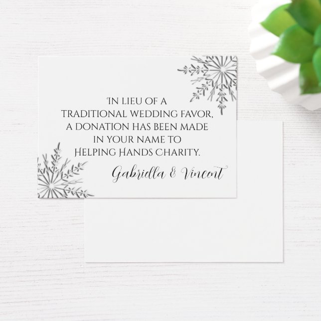 Snowflake Winter Wedding Charity Favor Card (Desk)