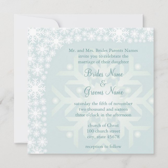 Snowflake Winter Wedding Invitation - Ice Green (Front)