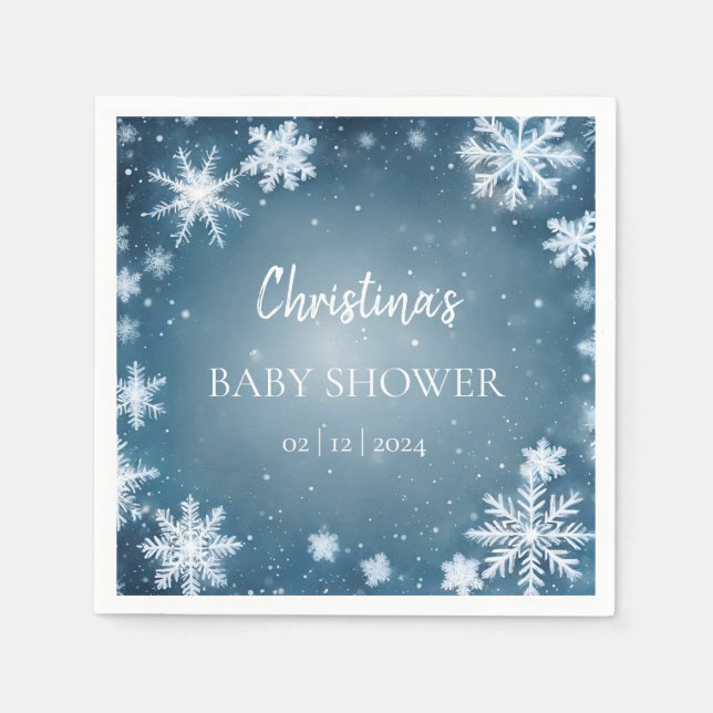 Snowflake Winter Wonderland Baby Shower Blue Napkin (Front)