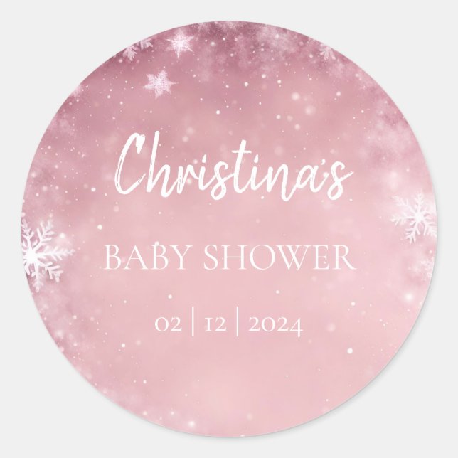 Snowflake Winter Wonderland Baby Shower Pink Classic Round Sticker (Front)
