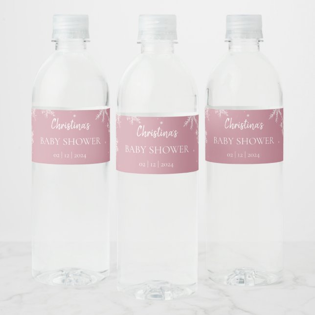 Snowflake Winter Wonderland Baby Shower Pink Water Bottle Label (Bottles)