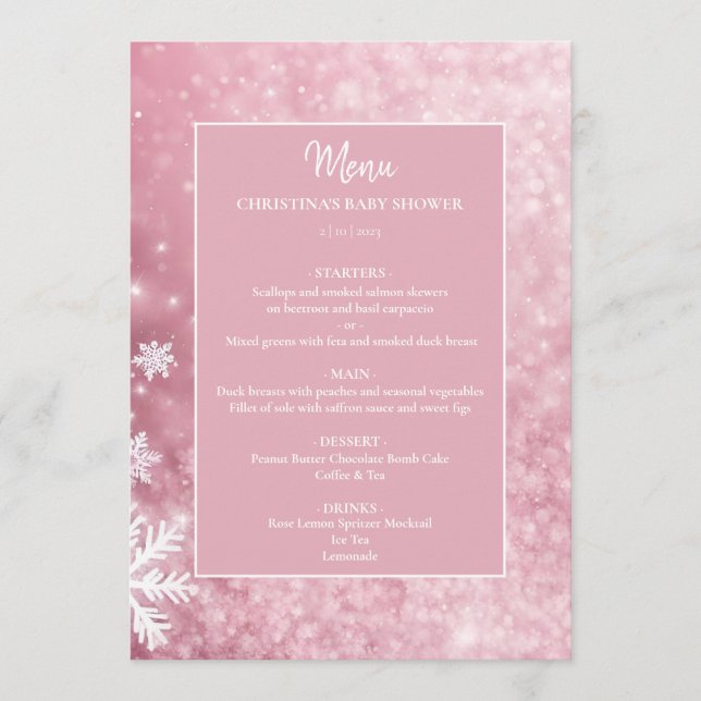 Snowflake Winter Wonderland Pink Baby Shower Menu (Front)