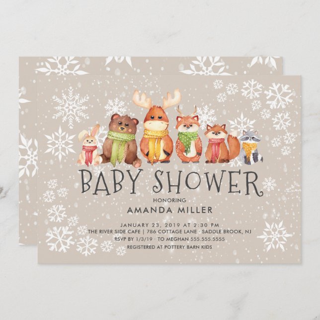 Snowflake Woodland Animals Baby Shower Invitation (Front/Back)