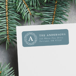 Snowflake Wreath Monogram Blue Return Address Label