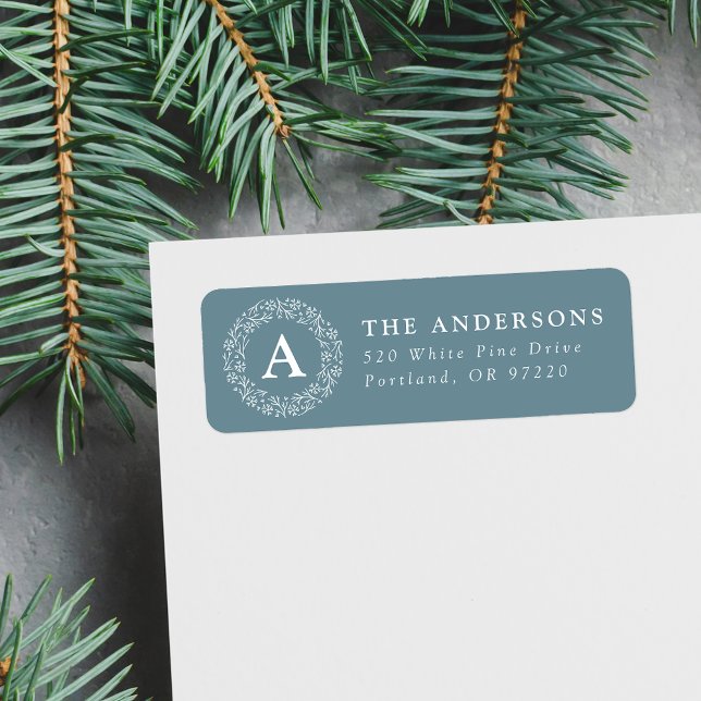 Snowflake Wreath Monogram Blue Return Address Label (Creator Uploaded)
