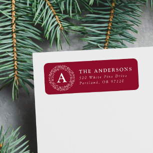 Snowflake Wreath Monogram Cranberry Return Address Label