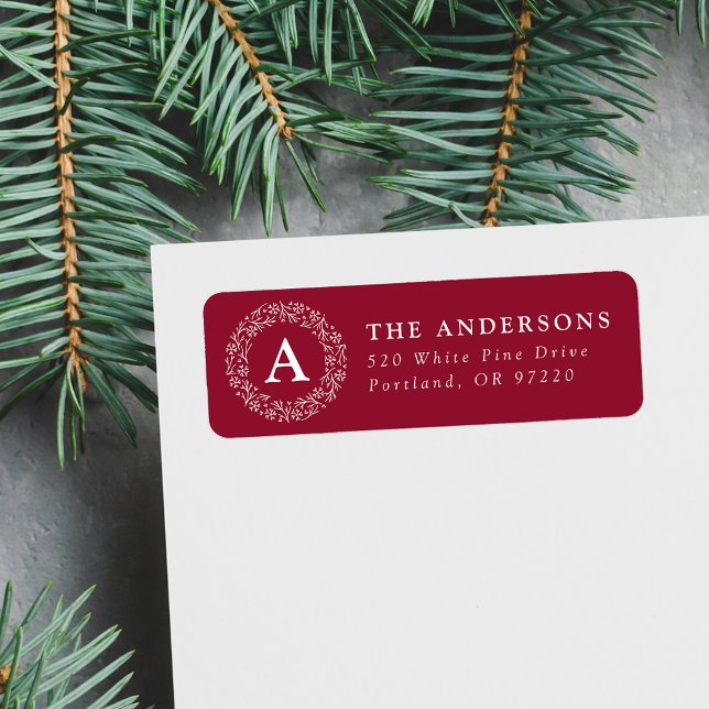 Snowflake Wreath Monogram Cranberry Return Address Label (Creator Uploaded)