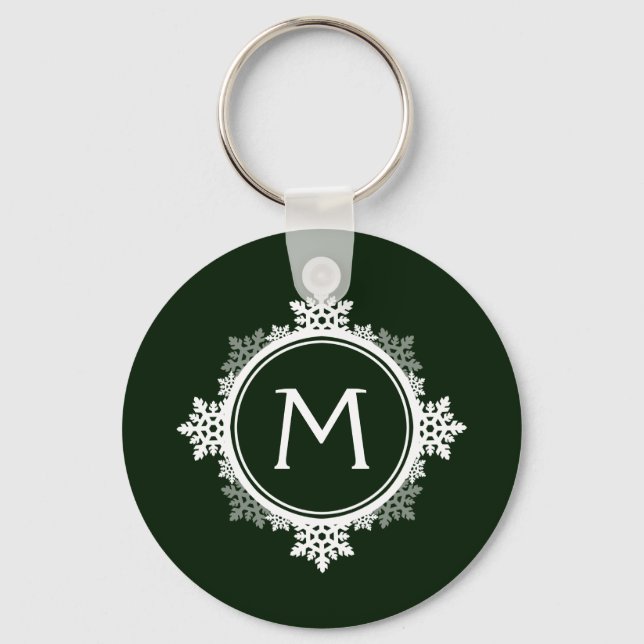 Snowflake Wreath Monogram in Dark Green & White Key Ring (Front)