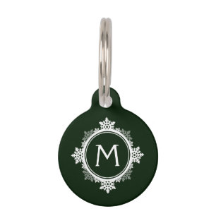 Snowflake Wreath Monogram in Dark Green & White Pet Tag