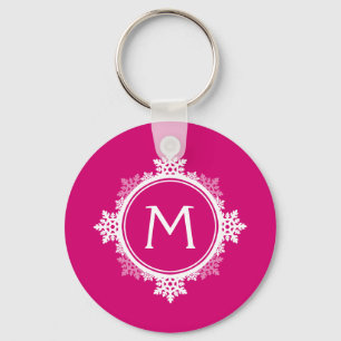 Snowflake Wreath Monogram in Fuchsia Pink & White Key Ring