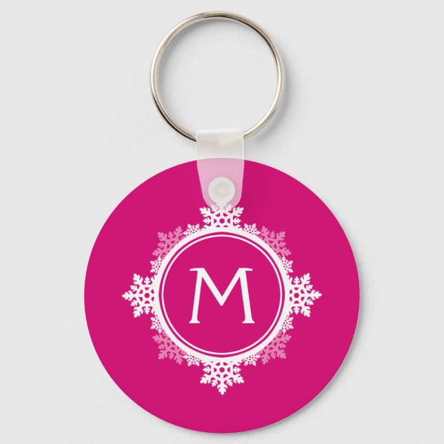 Snowflake Wreath Monogram in Fuchsia Pink & White Key Ring (Front)