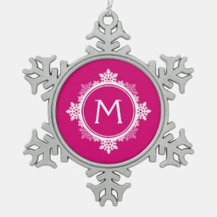 Snowflake Wreath Monogram in Fuchsia Pink & White Pewter Christmas Ornament