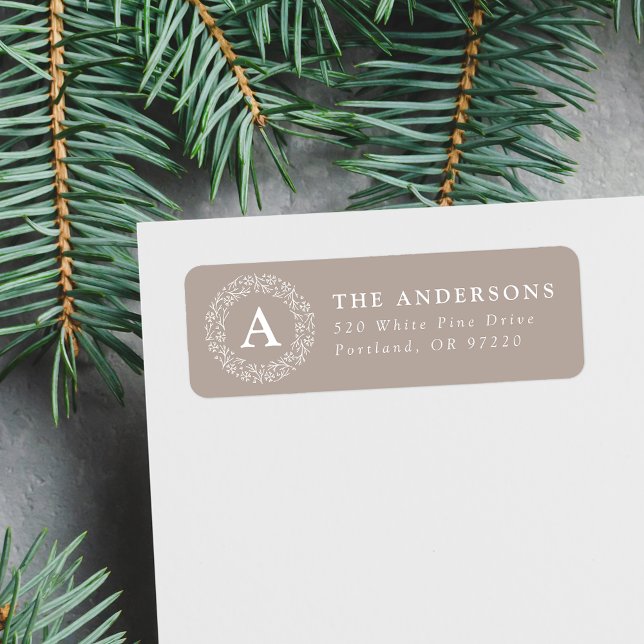 Snowflake Wreath Monogram Mocha Return Address Label (Creator Uploaded)
