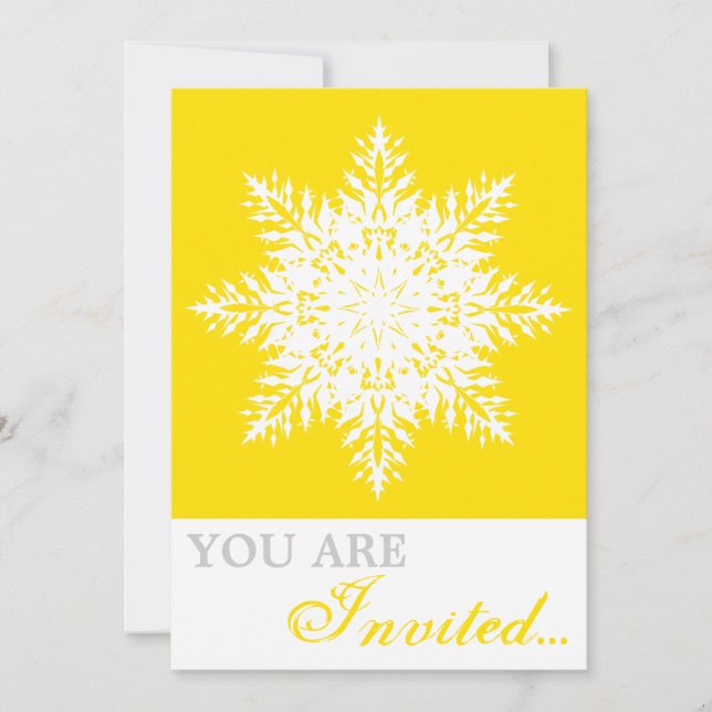 Snowflake yellow, white winter wedding invitation (Front)