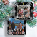 Snowflakes 2 family photo personalised black white ceramic ornament<br><div class="desc">Rustic elegant winter black and white plaid family keepsake tree ornament template with sparkling snowflakes frame.                       Easy to personalise with your 2 photos,  text script,  family name and year!</div>