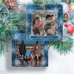 Snowflakes 2 family photo personalized blue white ceramic ornament<br><div class="desc">Rustic elegant winter navy blue and white family keepsake tree ornament template with sparkling snowflakes frame.                       Easy to personalize with your 2 photos,  text script,  family name and year!</div>