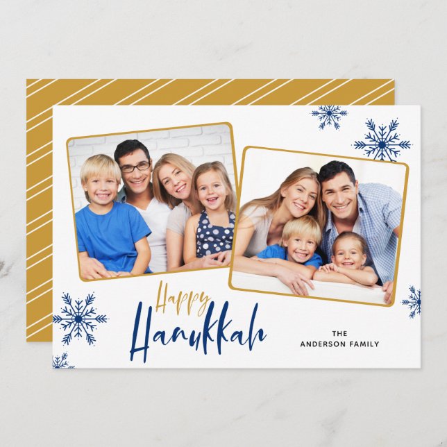 Snowflakes 2 Photos Happy Hanukkah Holiday Card (Front/Back)