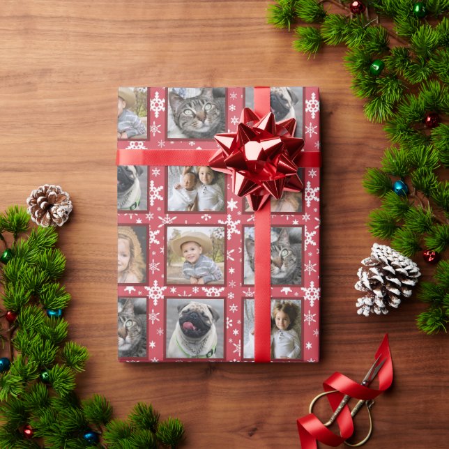 Snowflakes 5 Custom Family Photo Collage Red Easy Wrapping Paper (Holiday Gift)