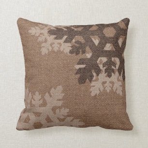 Snowflakes against Rustic Faux Burlap Holiday Chic Cushion