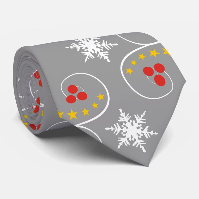 Snowflakes and berries pattern grey Christmas Tie (Rolled)