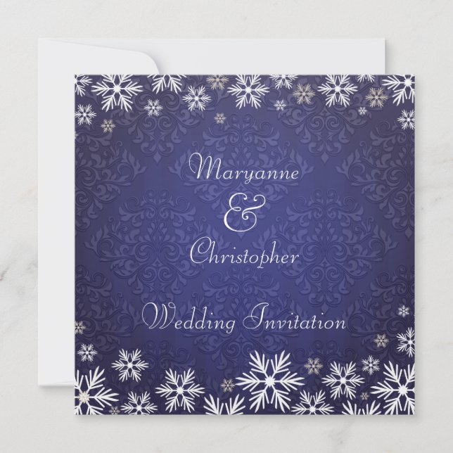 Snowflakes and Blue Damask Wedding Invitation (Front)