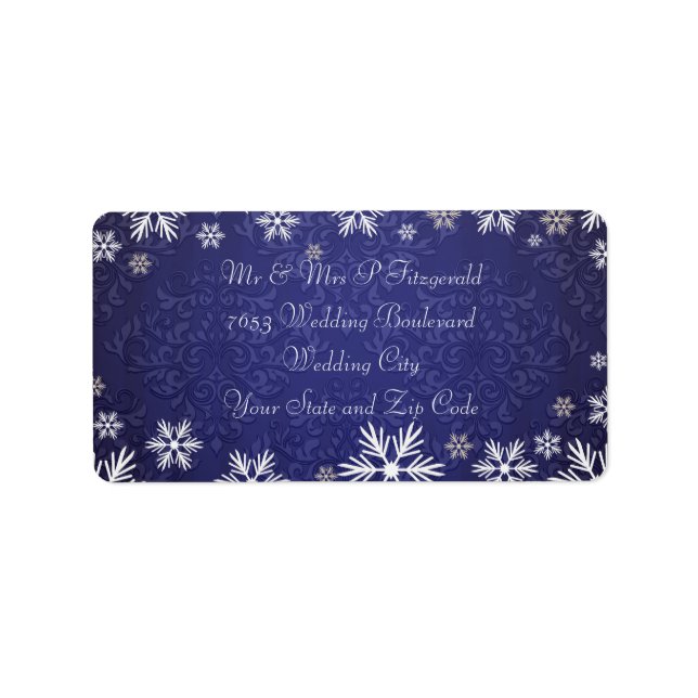 Snowflakes and Blue Damask Wedding Label (Front)
