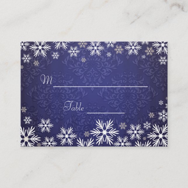 Snowflakes and Blue Damask Wedding Place Setting Card (Front)